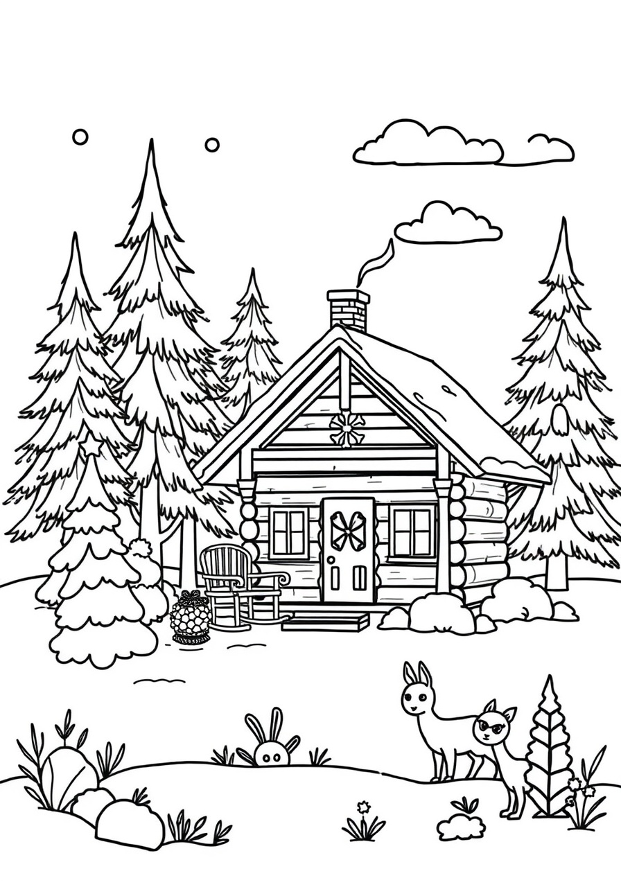 free Winter Cabin coloring page