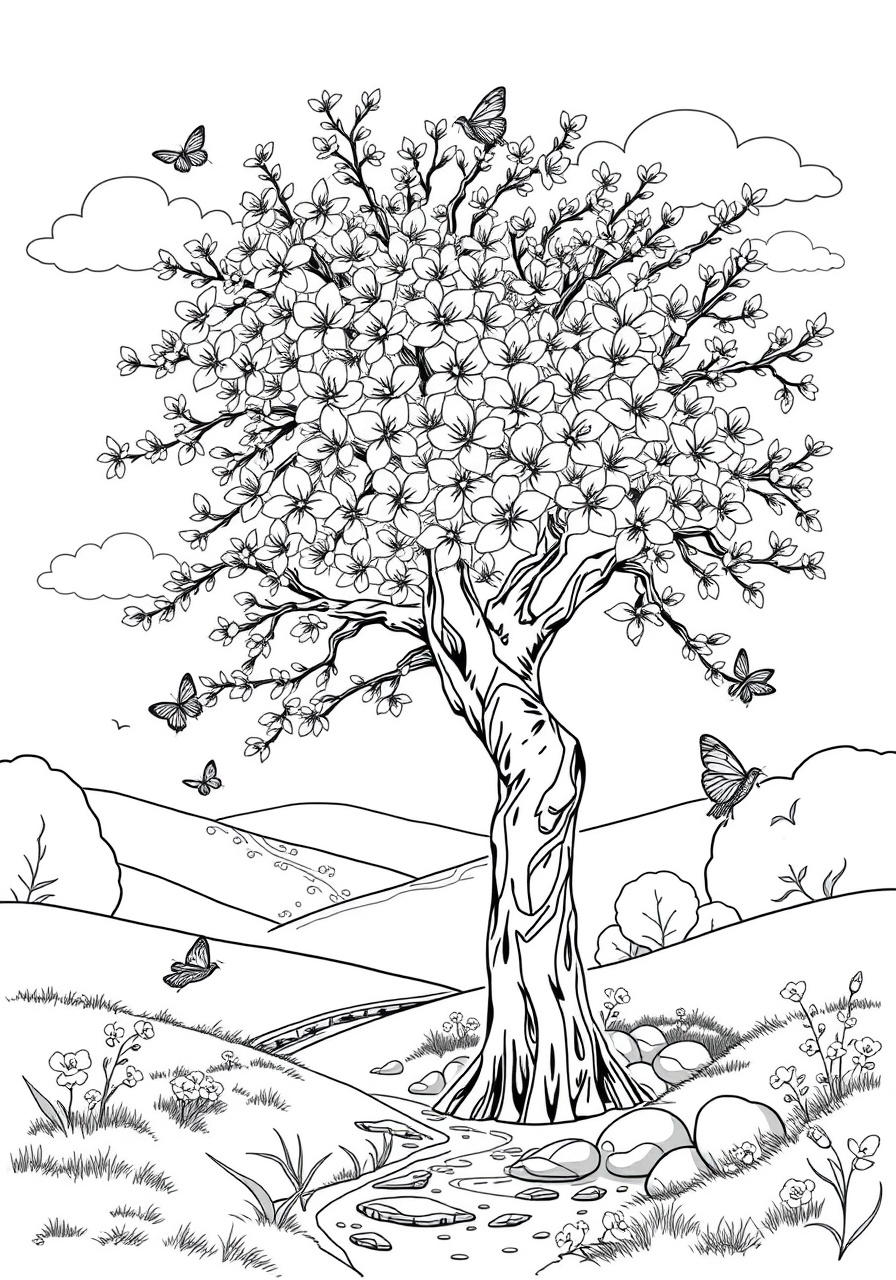 free Spring Cherry Blossom coloring page