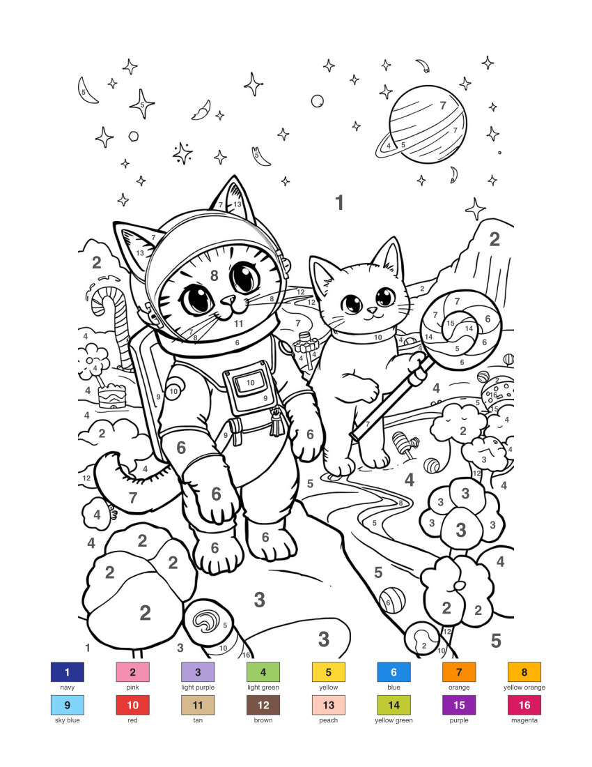 Astronaut Cats on a Candy Planet color by number