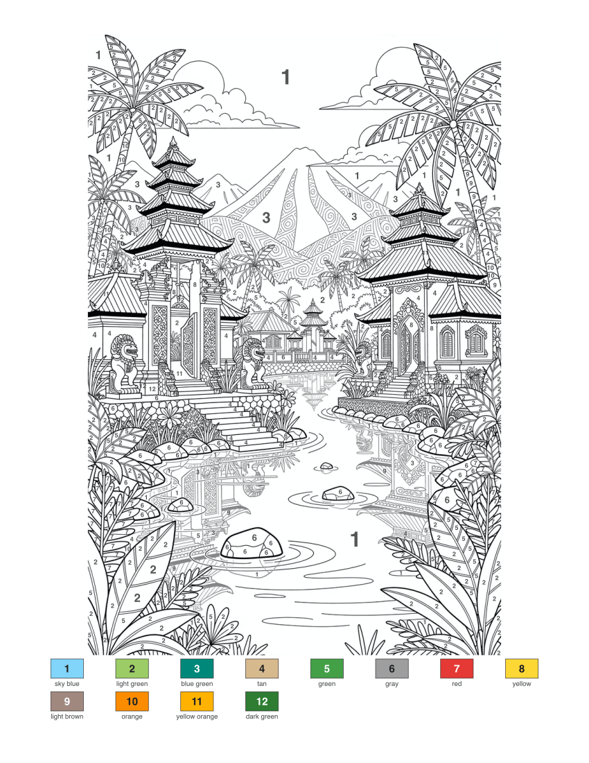 Bali Temple Scenery color by number