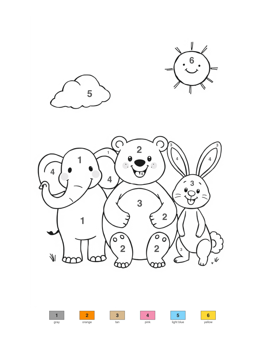 Elephant, Bear and Bunny color by number