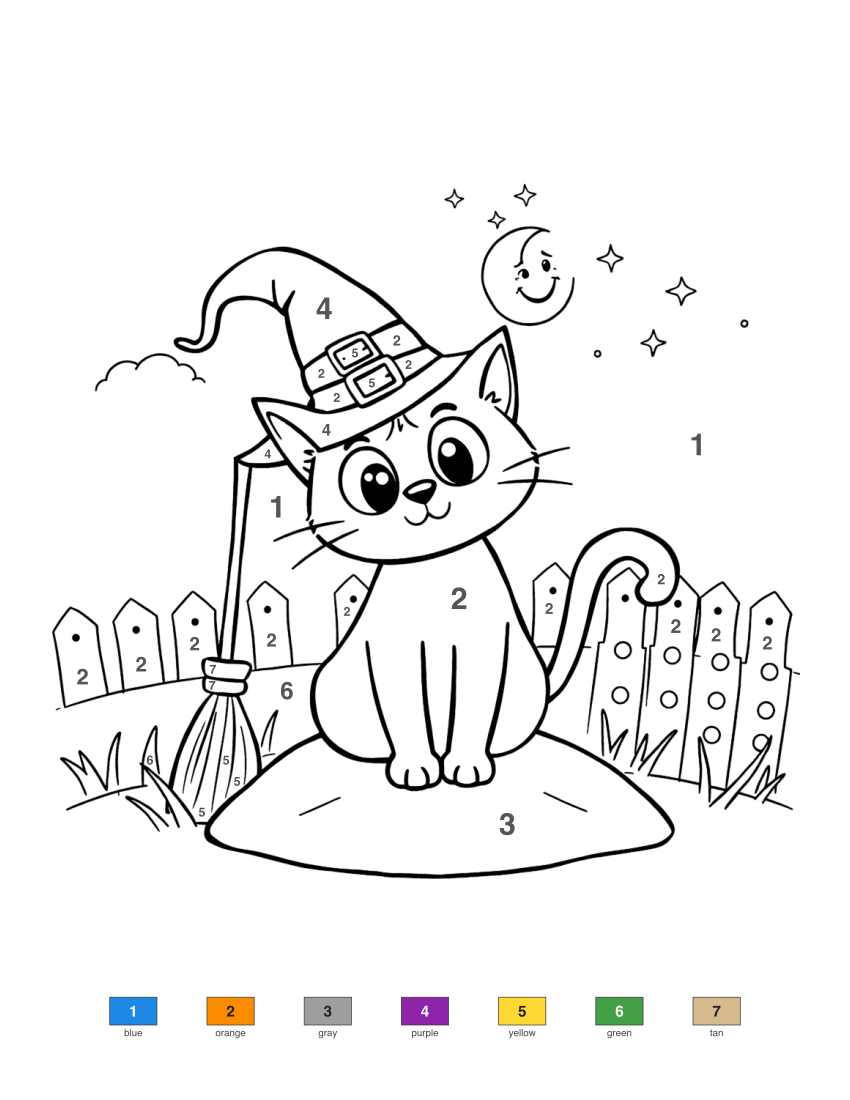 Cat in a Witch Hat color by number