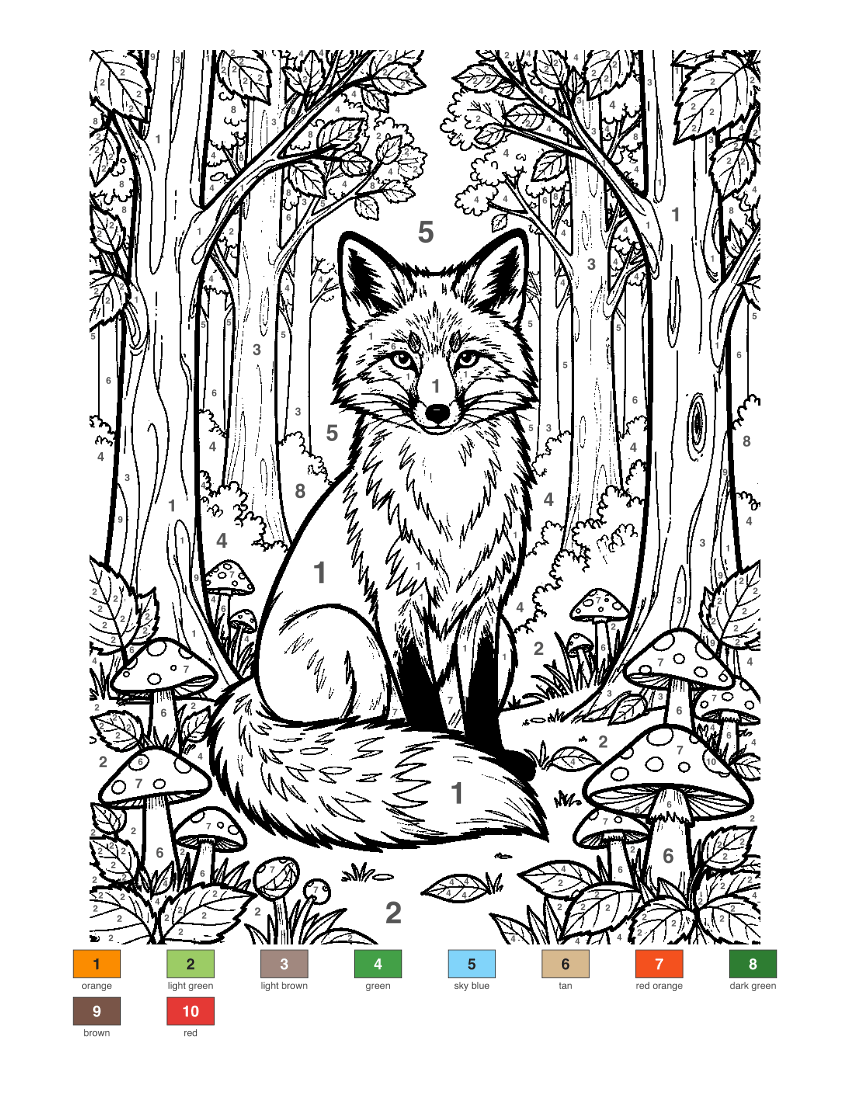 Detailed Fox in the Forest color by number
