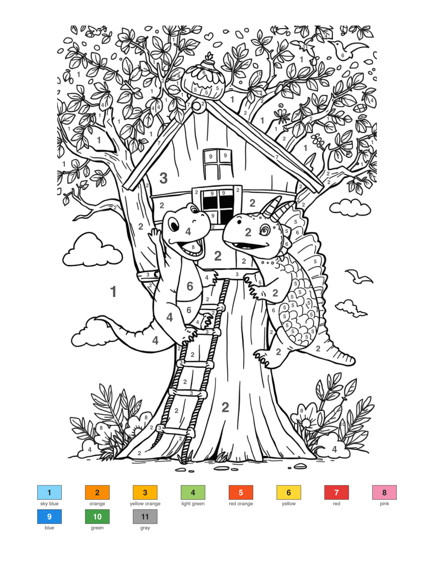 Dinosaurs in a Treehouse color by number