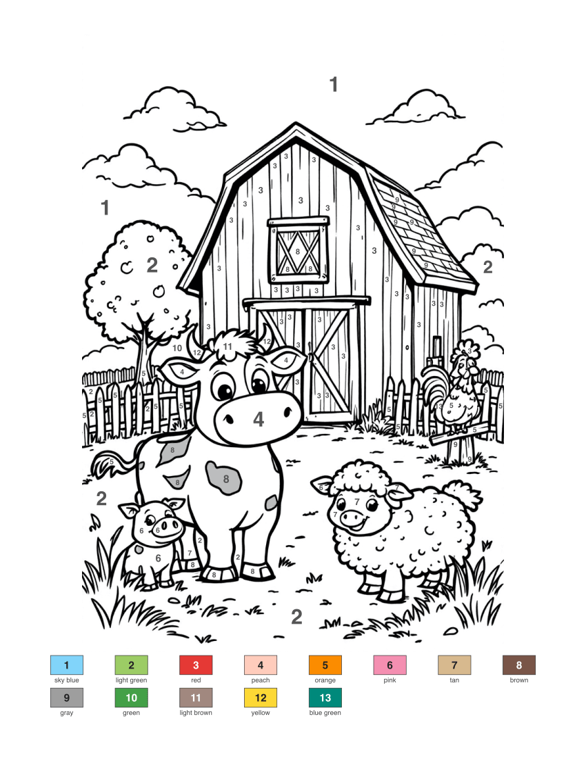 Farm Animals color by number