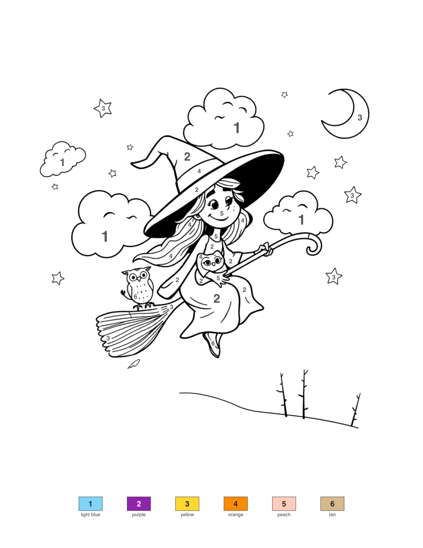Friendly Witch on a Broomstick color by number