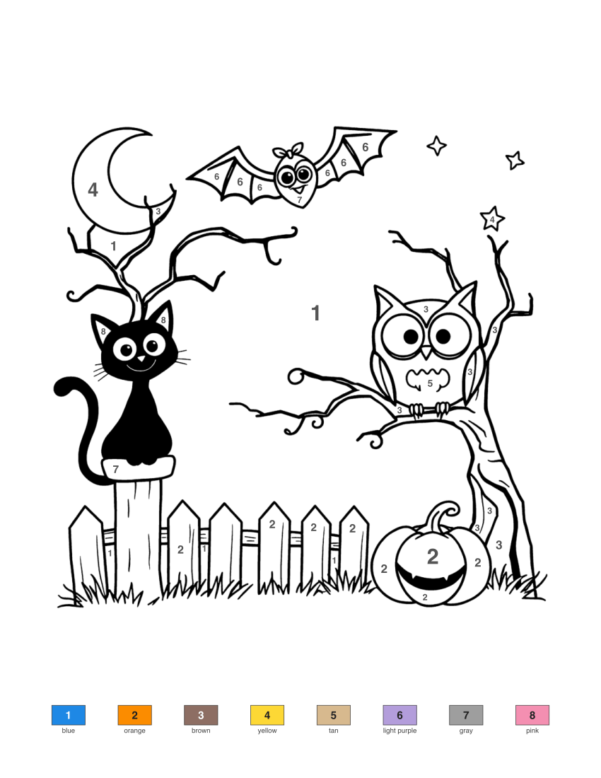 Halloween Cat, Owl and Bat color by number