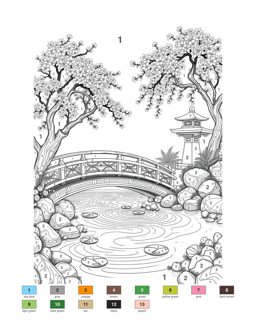 Japanese Garden with Cherry Blossoms color by number