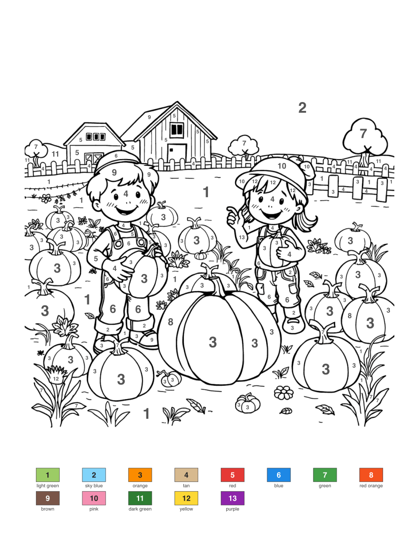 Kids Picking Pumpkins color by number