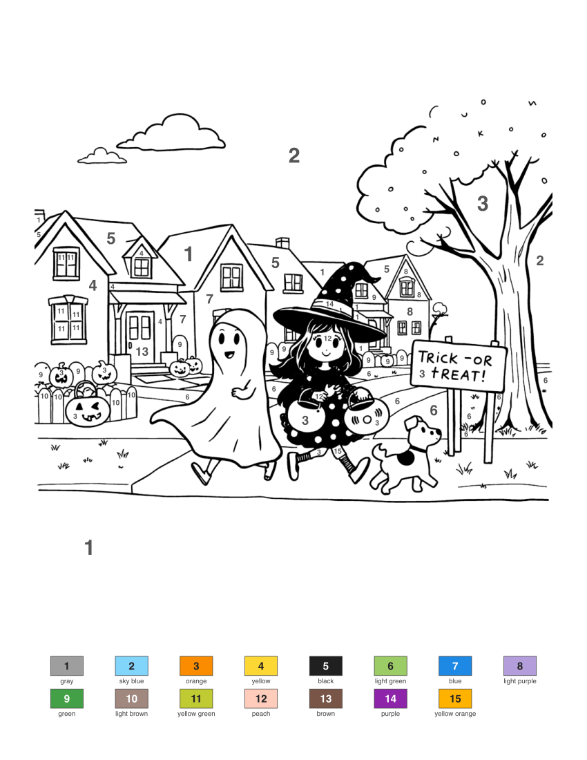 Kids Trick-or-Treating color by number