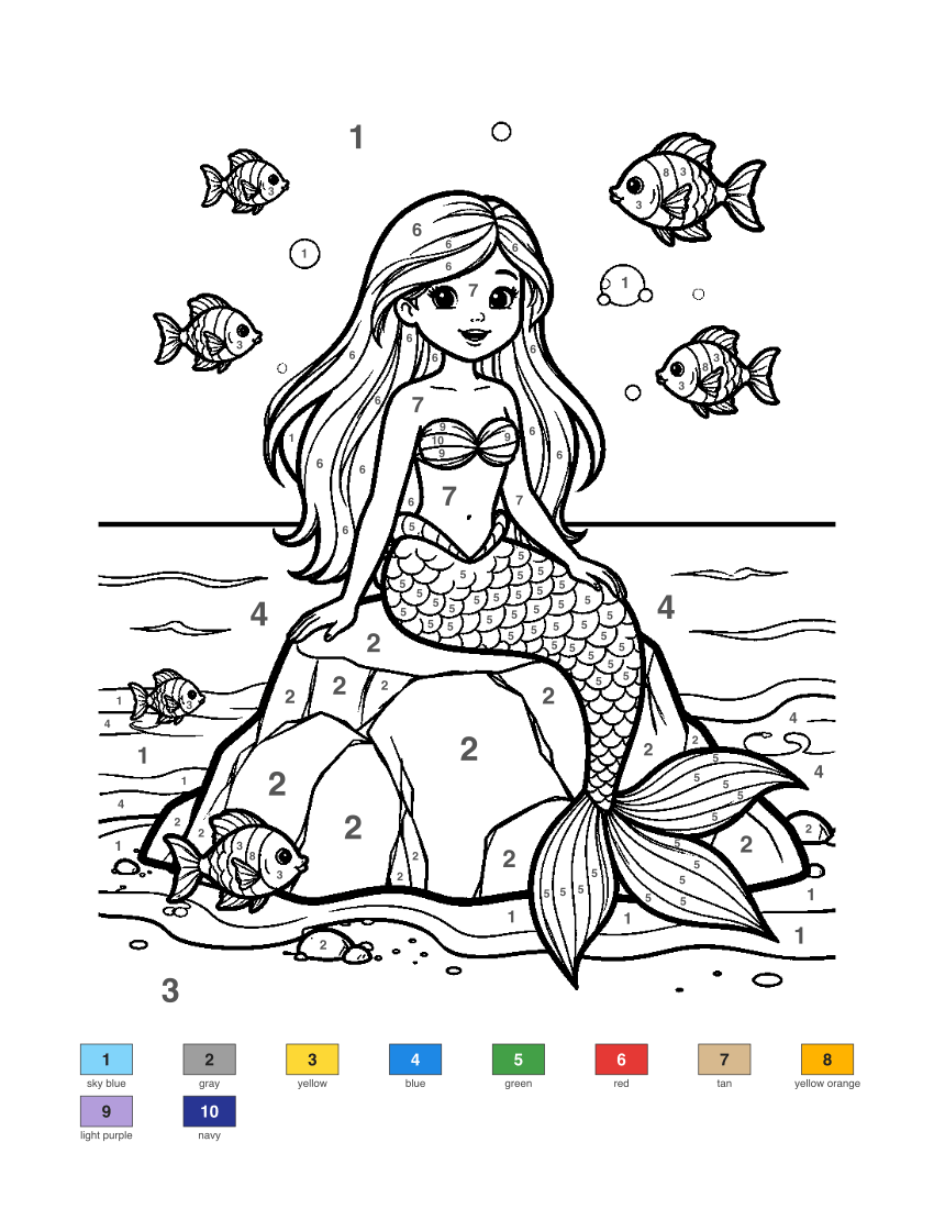 Mermaid color by number