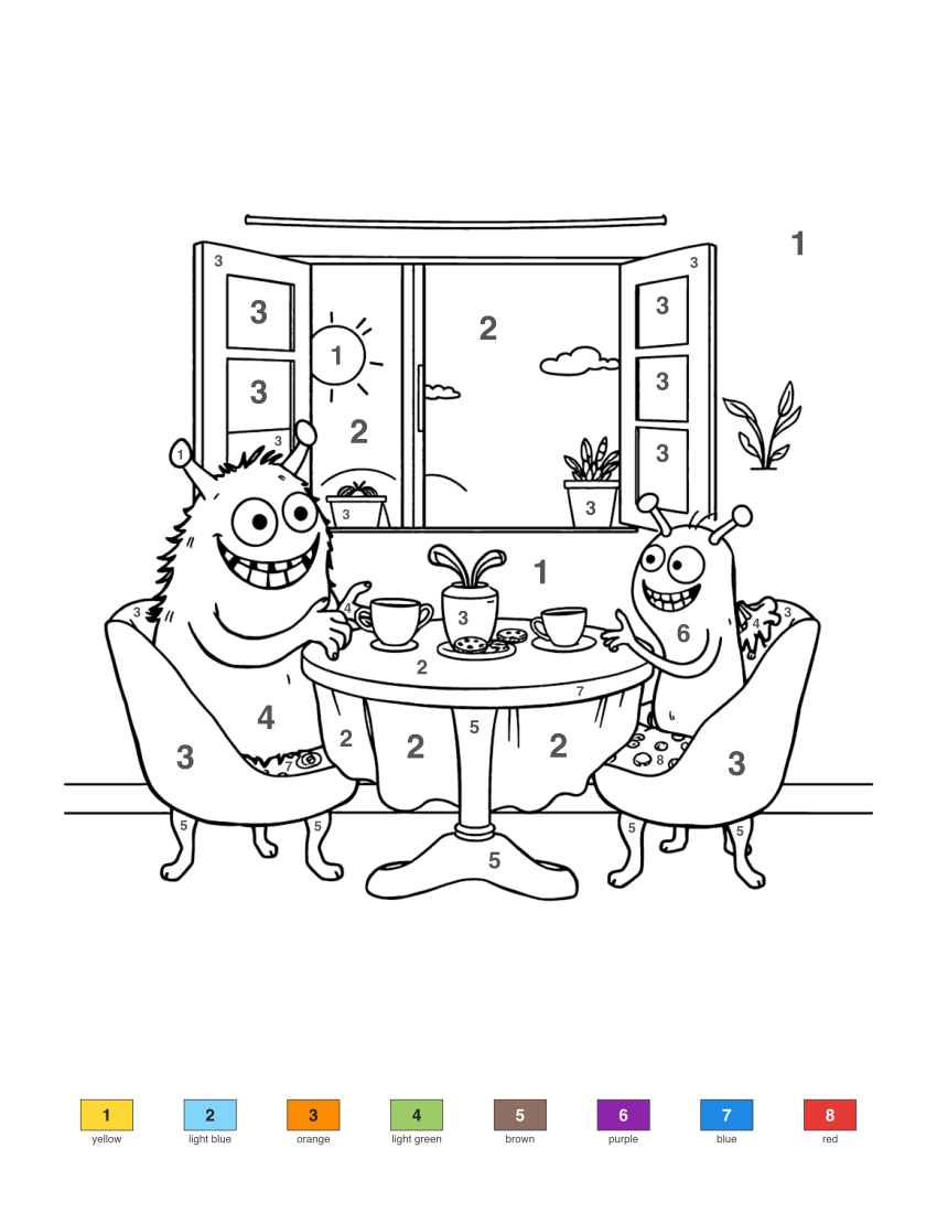 Monster Family Having Tea color by number