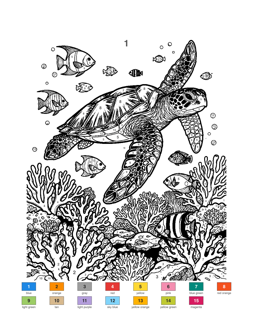 Sea Turtle with Coral color by number