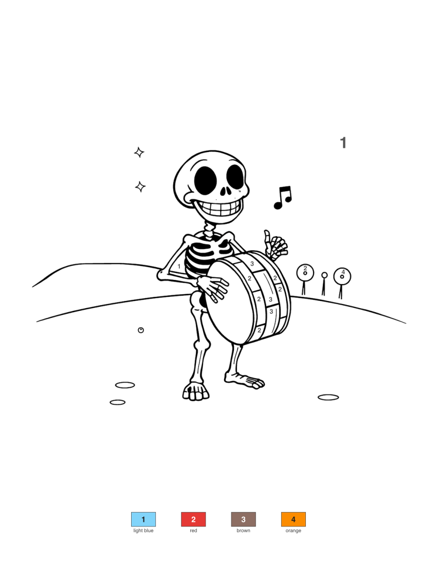 Skeleton Playing Drum color by number