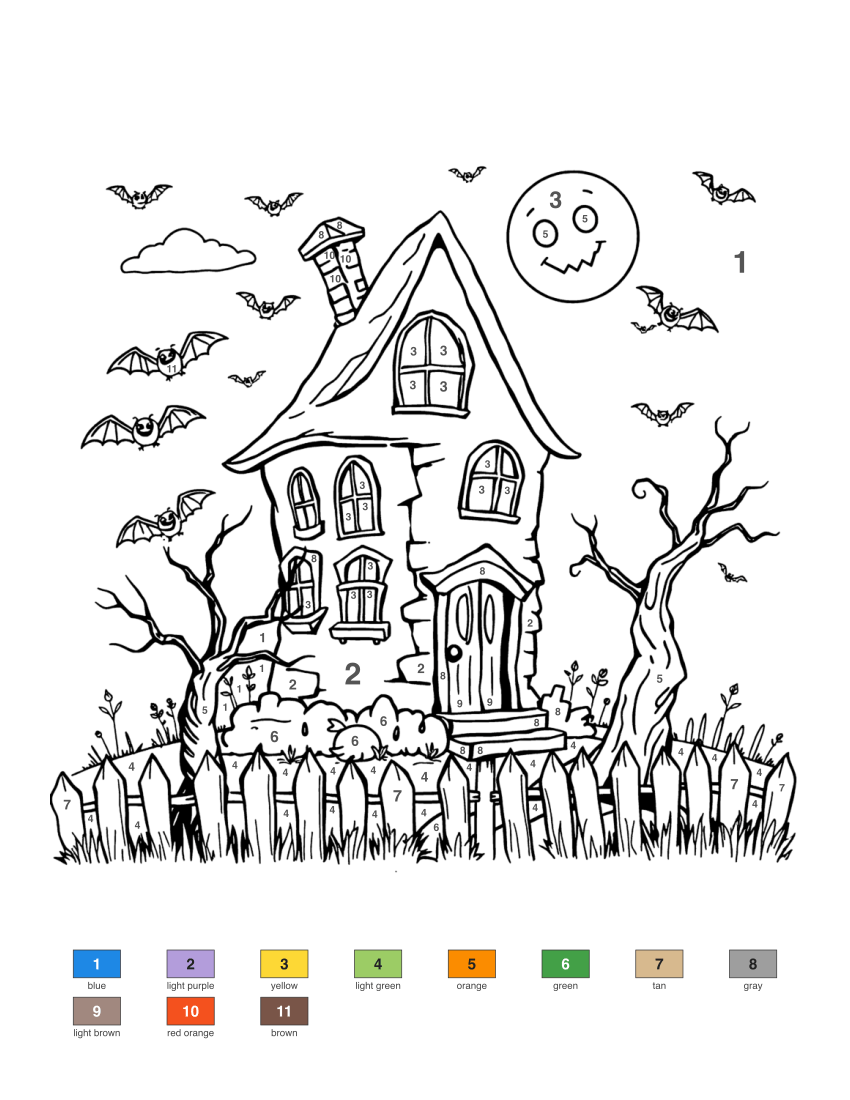 Spooky House with Bats and Moon color by number
