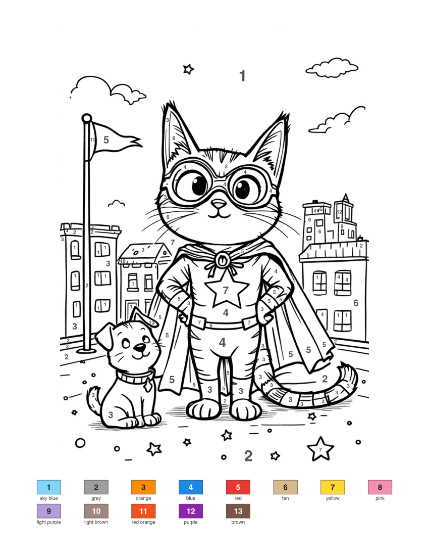 Superhero Cat color by number