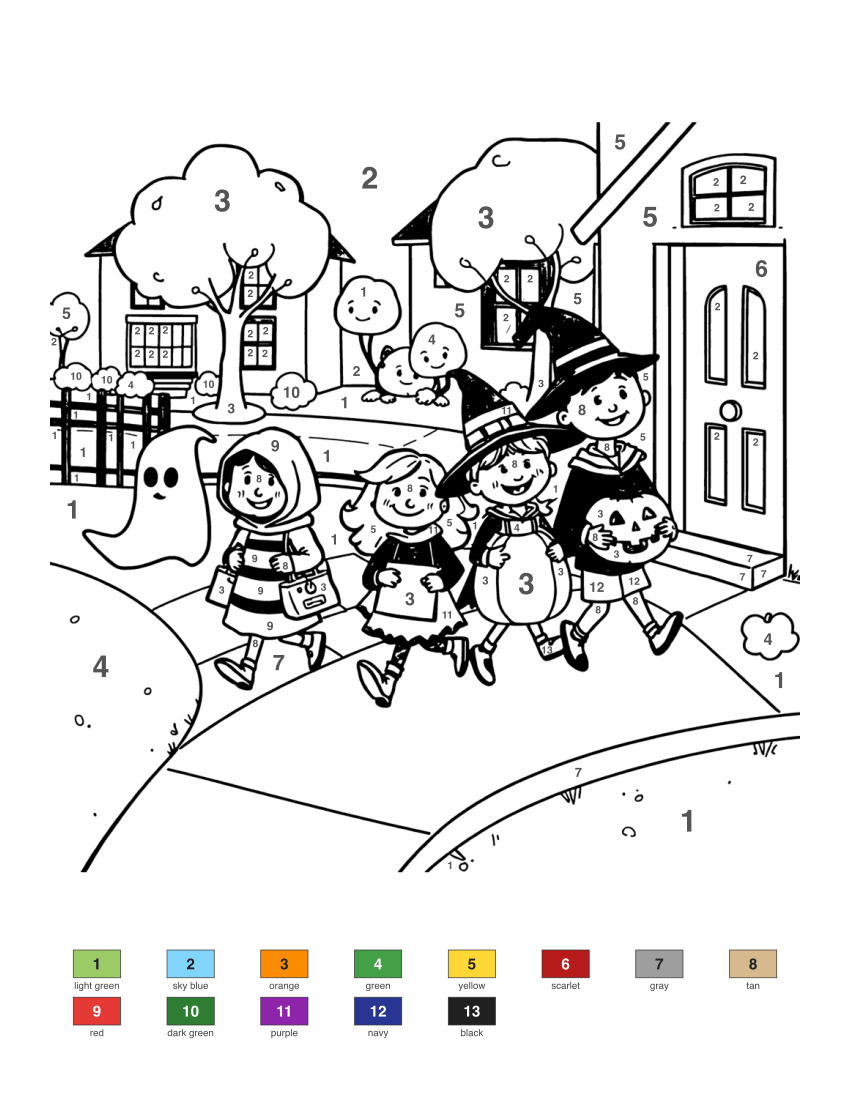 Trick-or-Treaters Door to Door color by number
