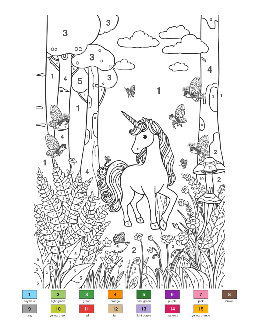 Unicorn and Fairies in a Magical Forest color by number