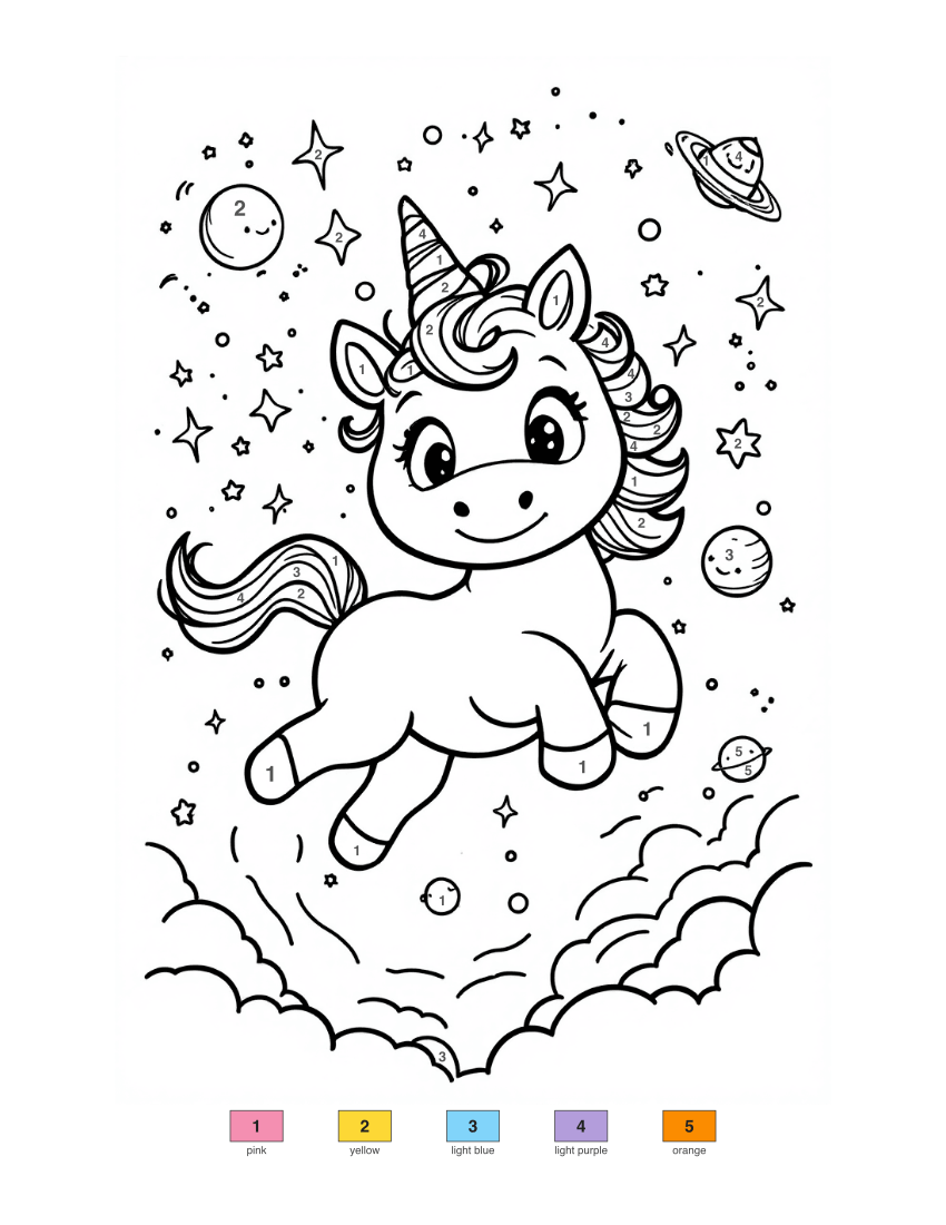 Unicorn in Space color by number