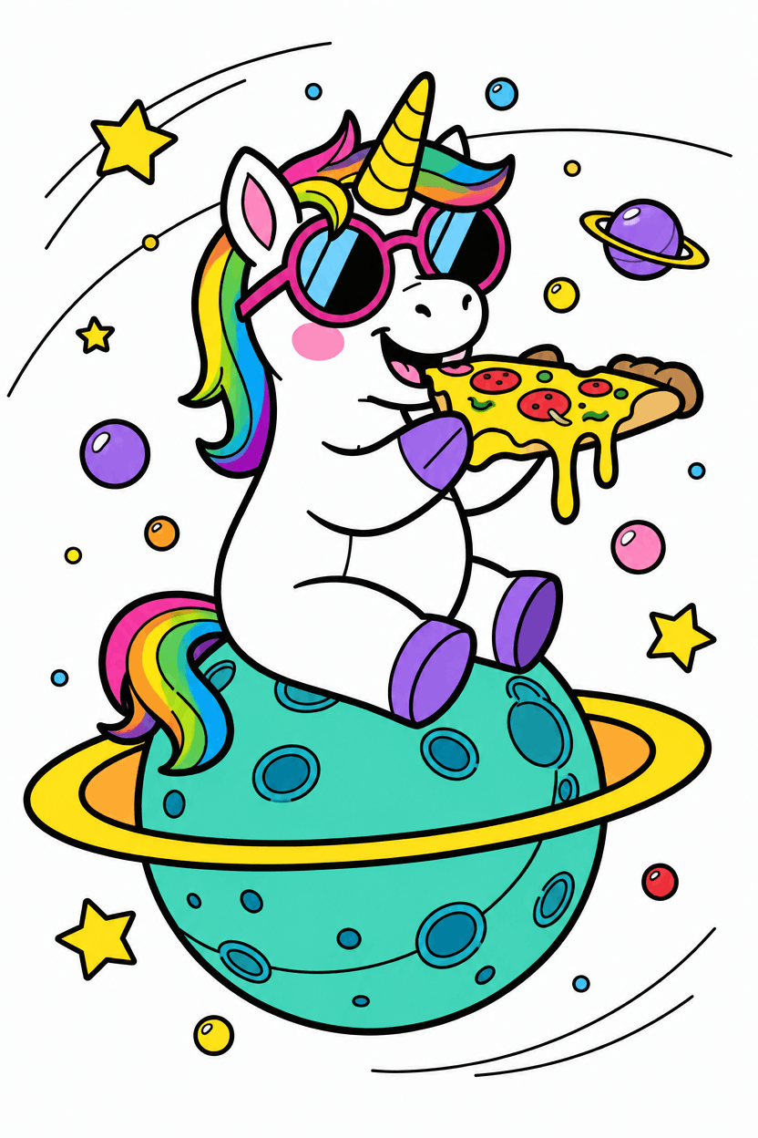 Ein ausgemaltes Bild: ein Einhorn, das im Weltraum Pizza isst