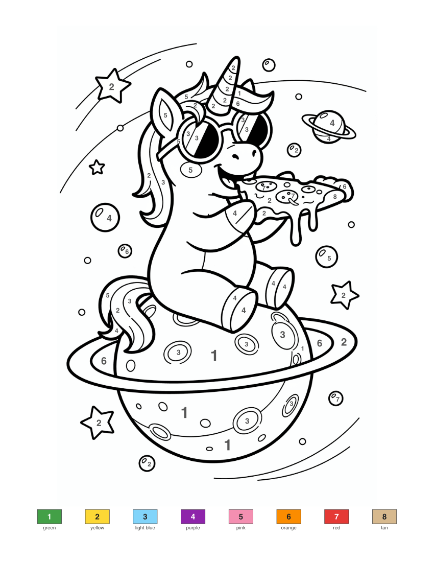 Unicorn Eating Pizza in Space color by number