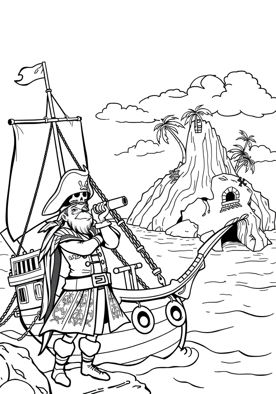 A pirate ship discovering a mysterious island coloring page