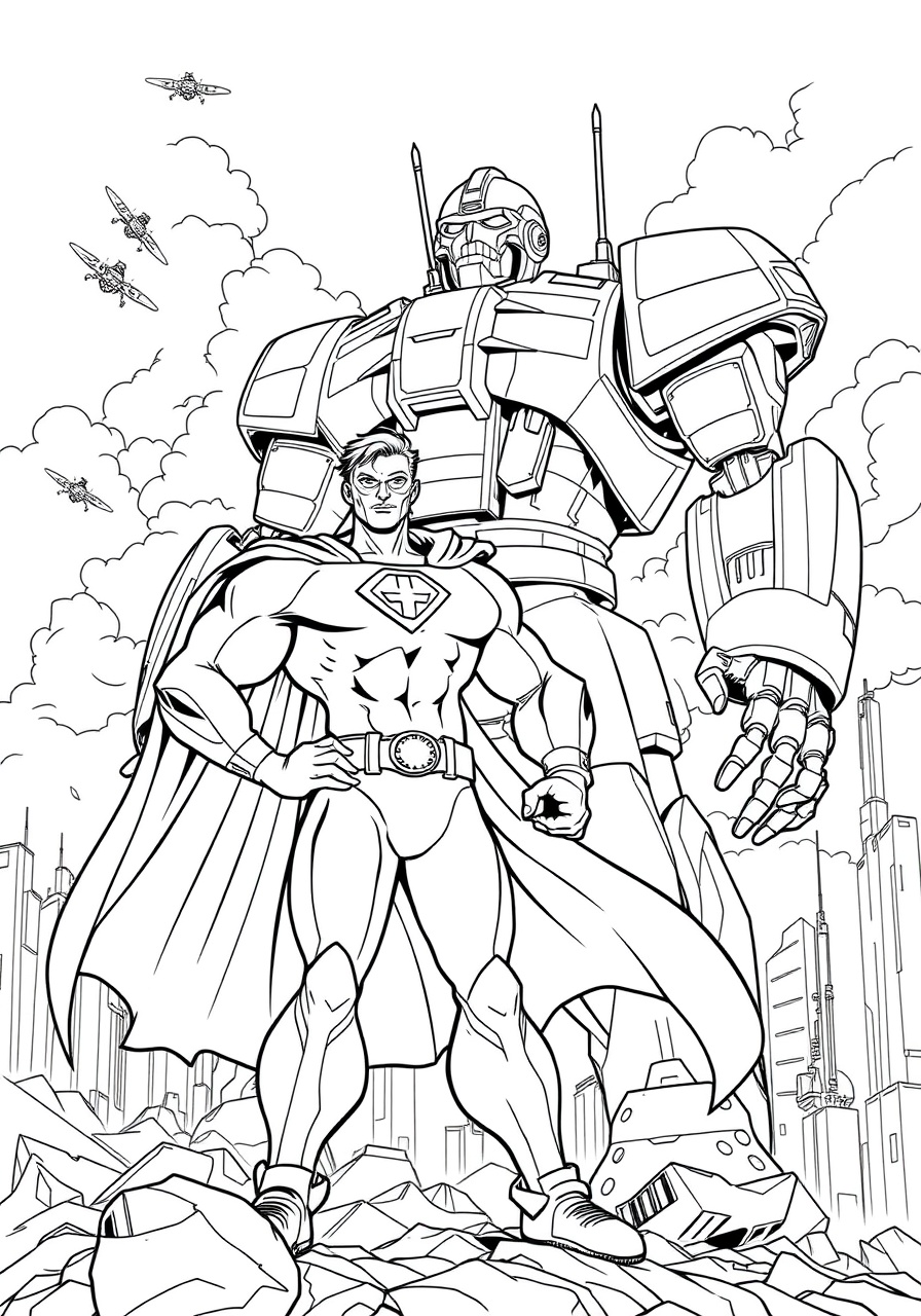 A superhero battling a giant robot in a futuristic city coloring page
