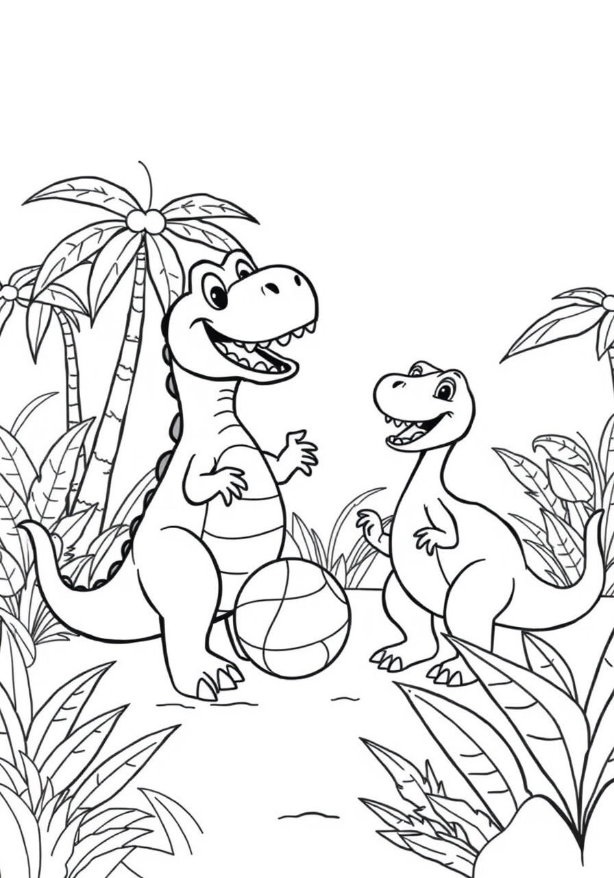 Dinosaurs playing sports in a prehistoric jungle coloring page
