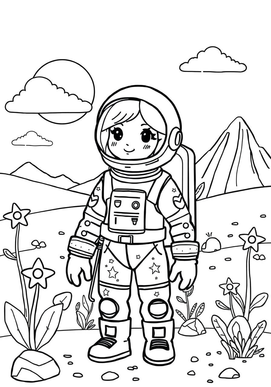 A female astronaut exploring a new planet coloring page