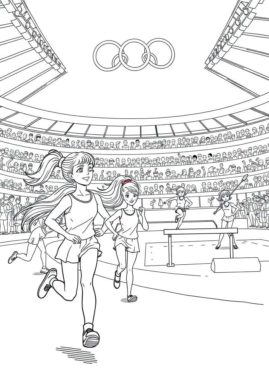 Girls playing various sports in an Olympic stadium coloring page