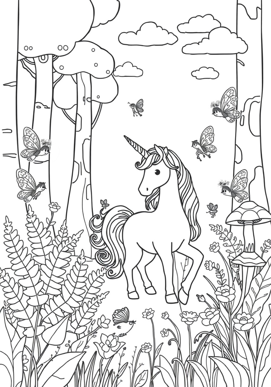 Magical forest with unicorns and fairies coloring page