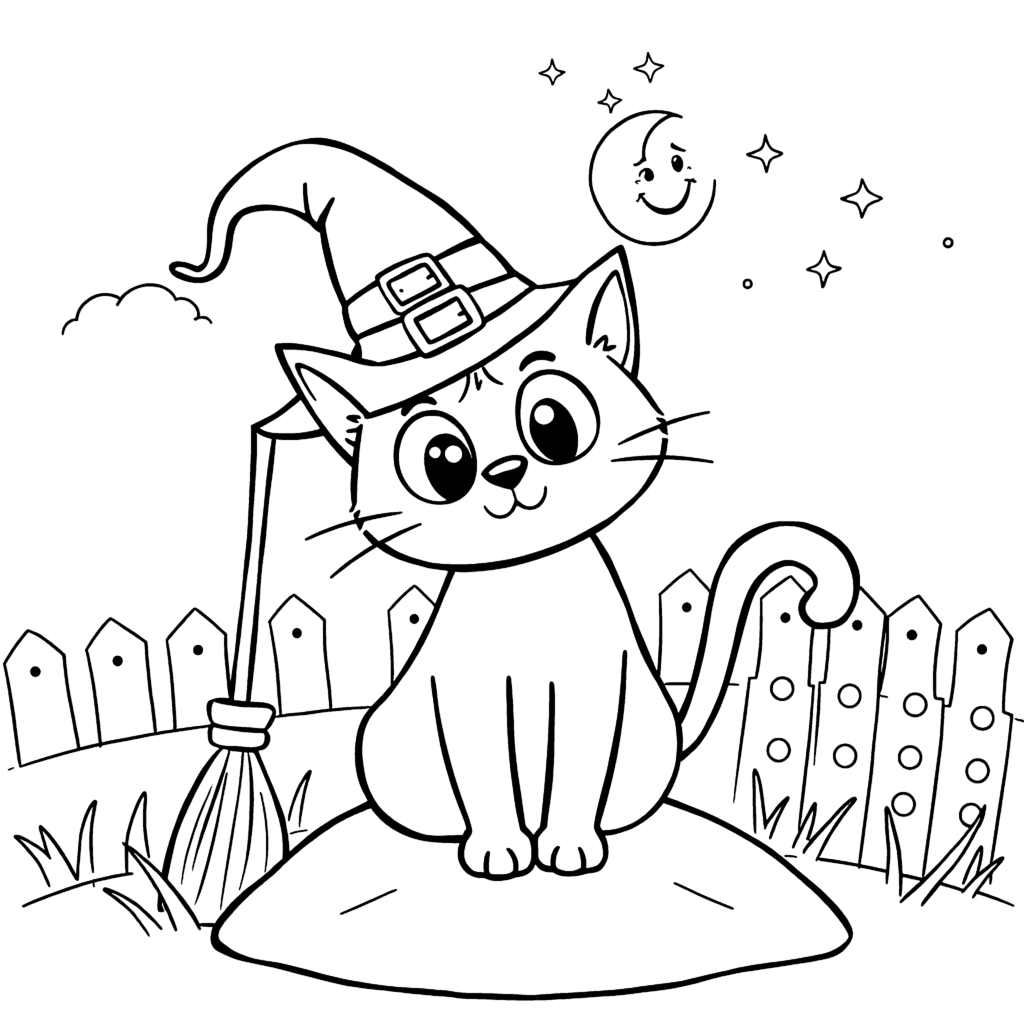 Coloring page Black cat with witch hat