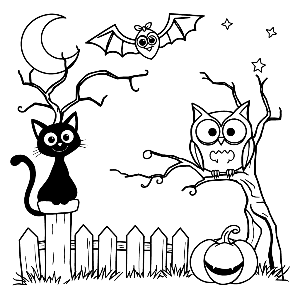 Black cat, owl, and bat