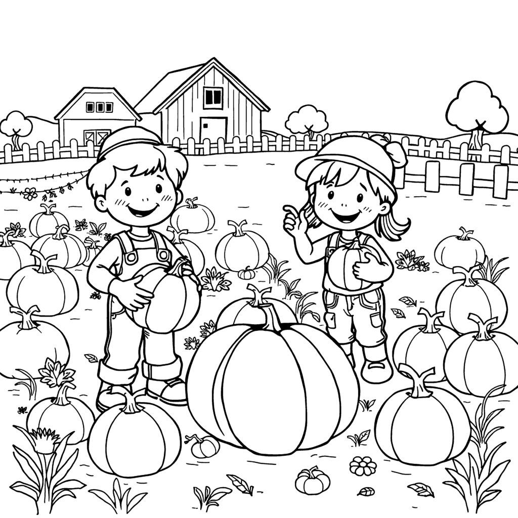 Kids picking pumpkins at a farm