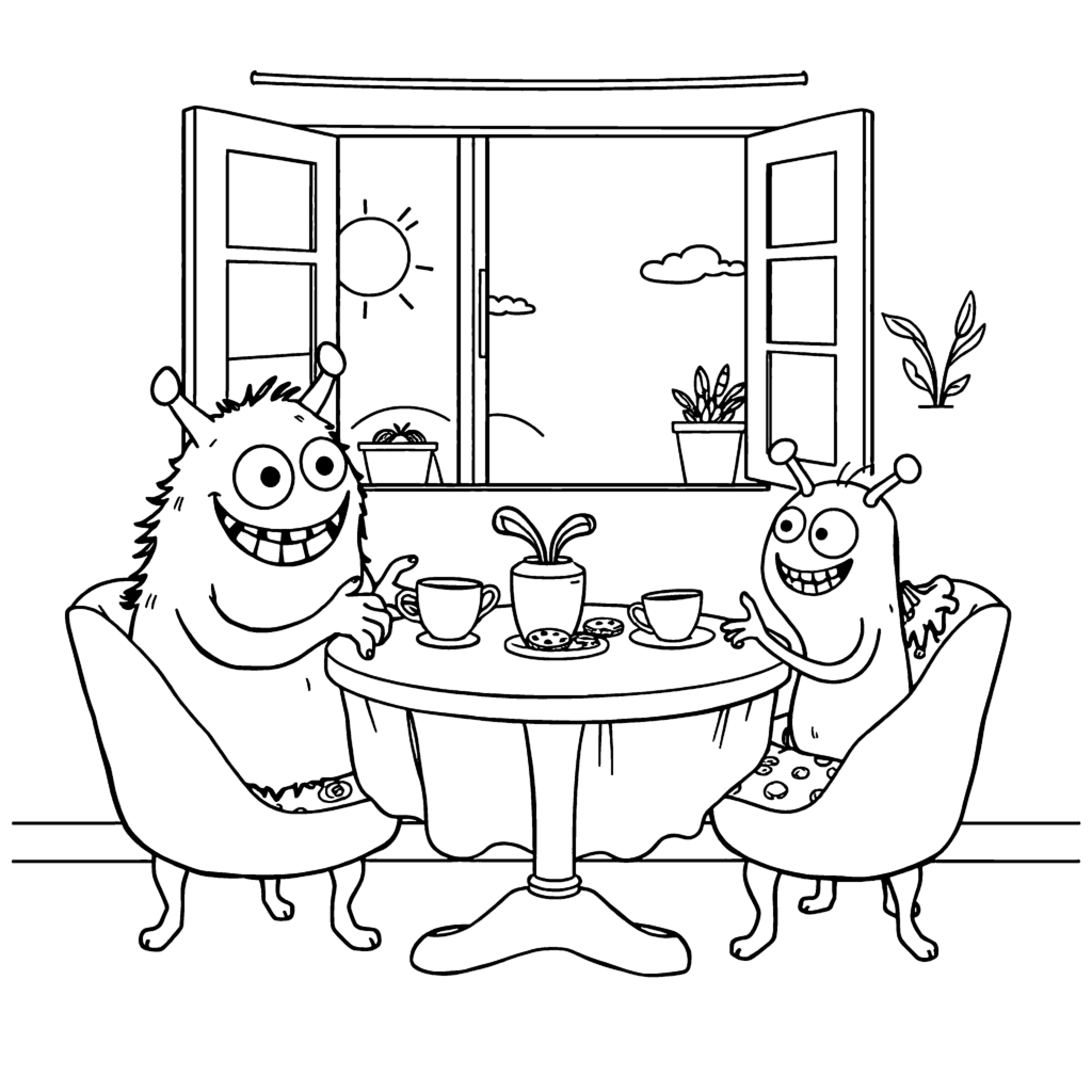 Monster family having tea