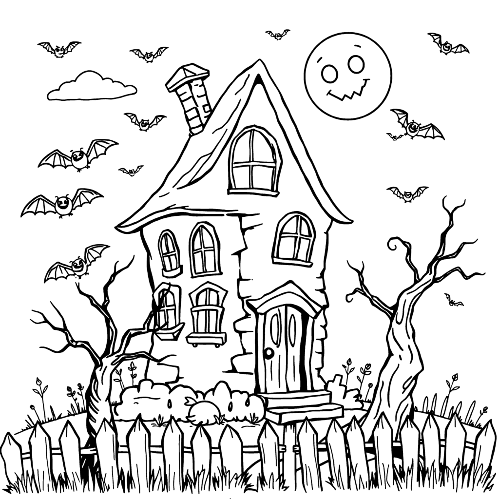 Spooky house with bats and moon