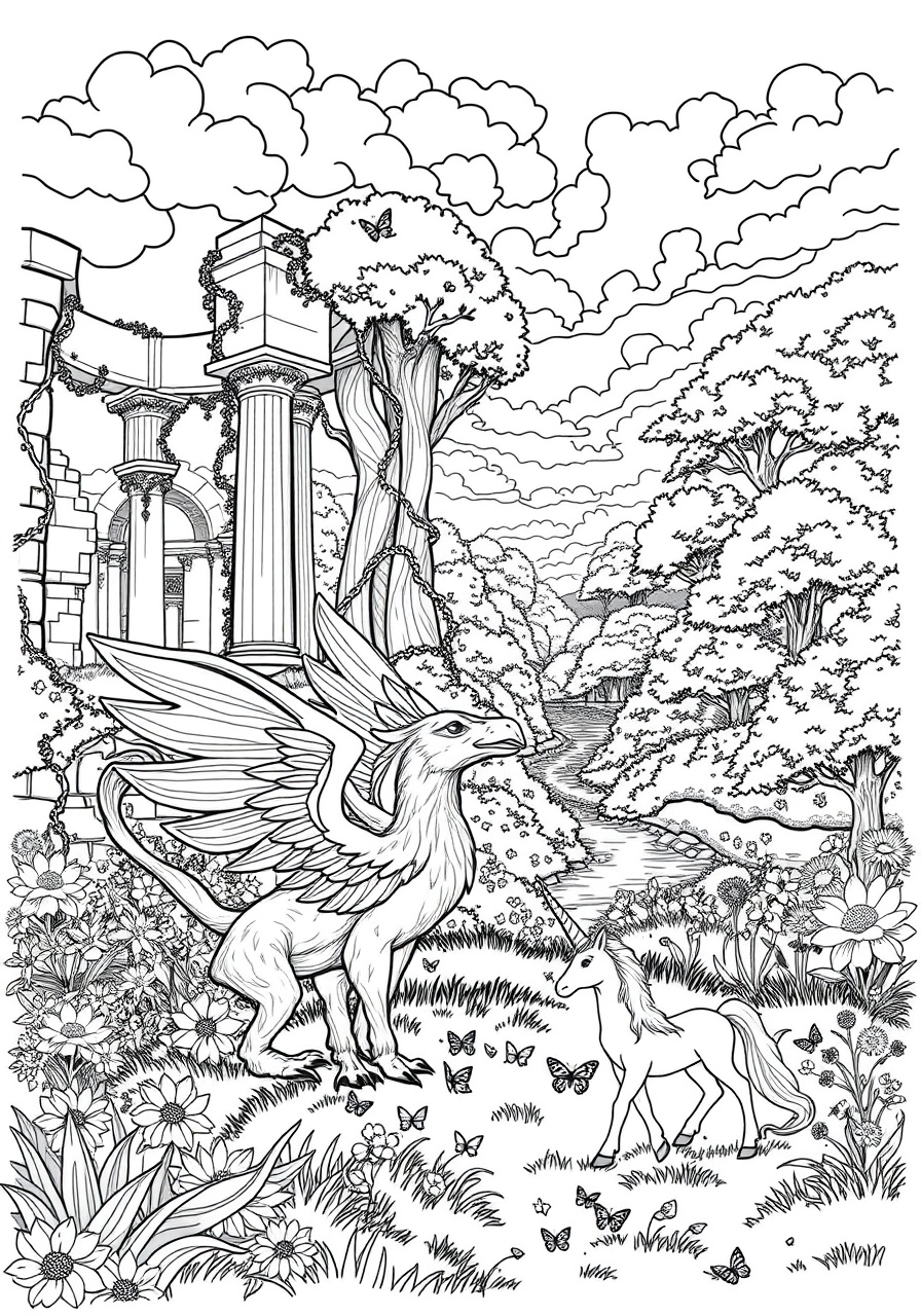 coloring page ancient ruins with mythical creatures and lush landscapes