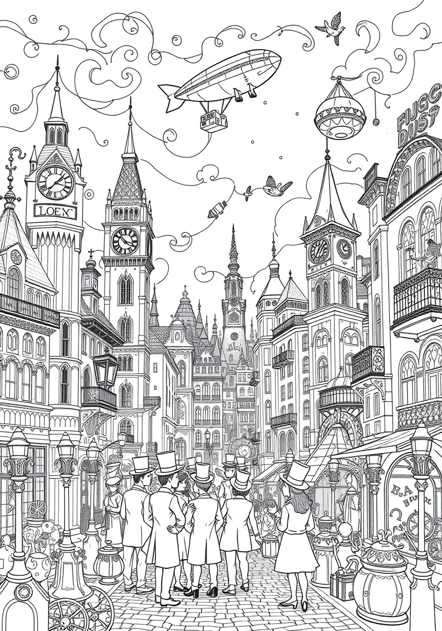 coloring page cityscape with whimsical steampunk elements