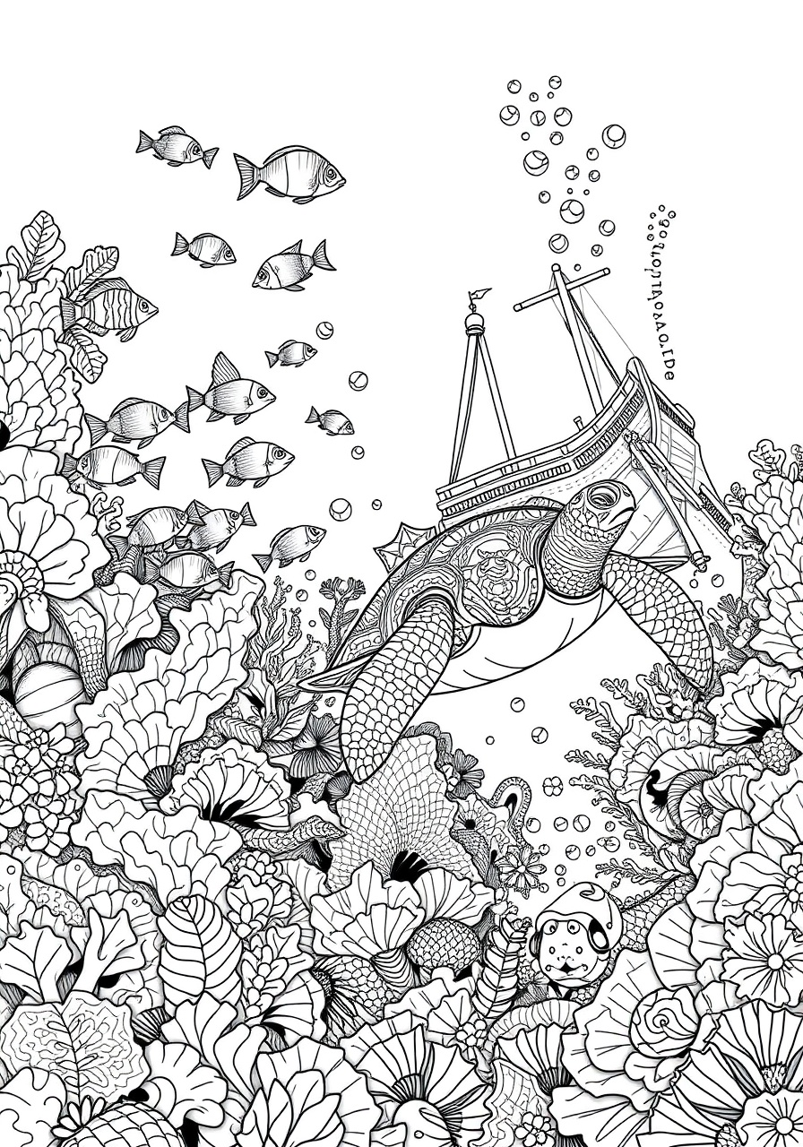 coloring page detailed underwater scene with diverse marine life and coral reefs