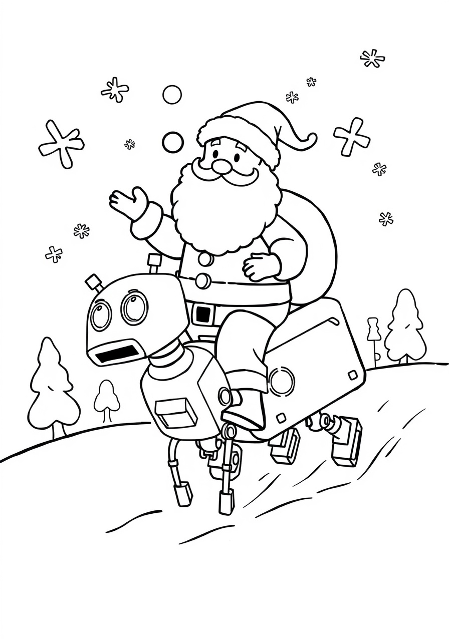 coloring page santa riding a robot