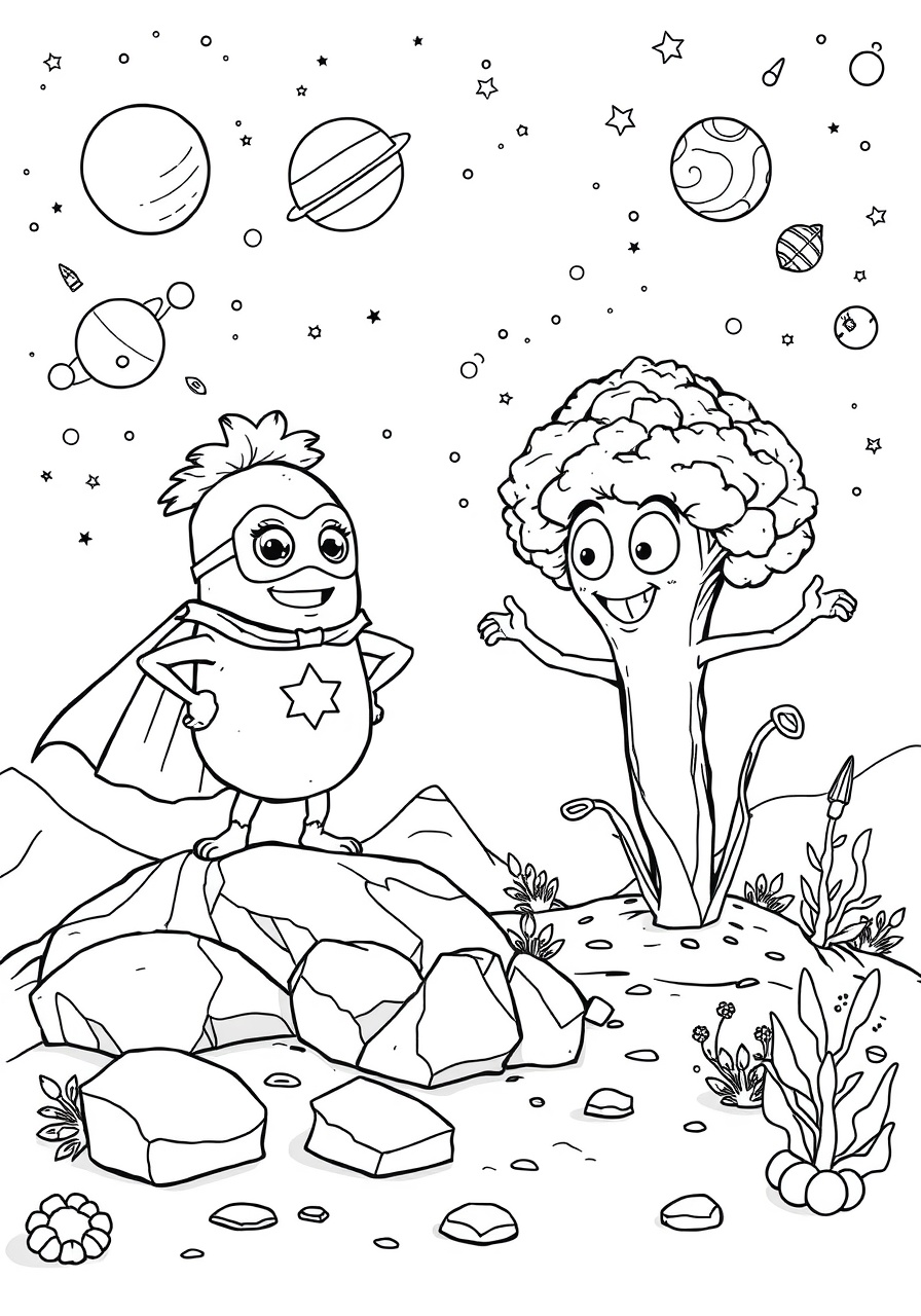 coloring page superhero potato fighting space broccoli