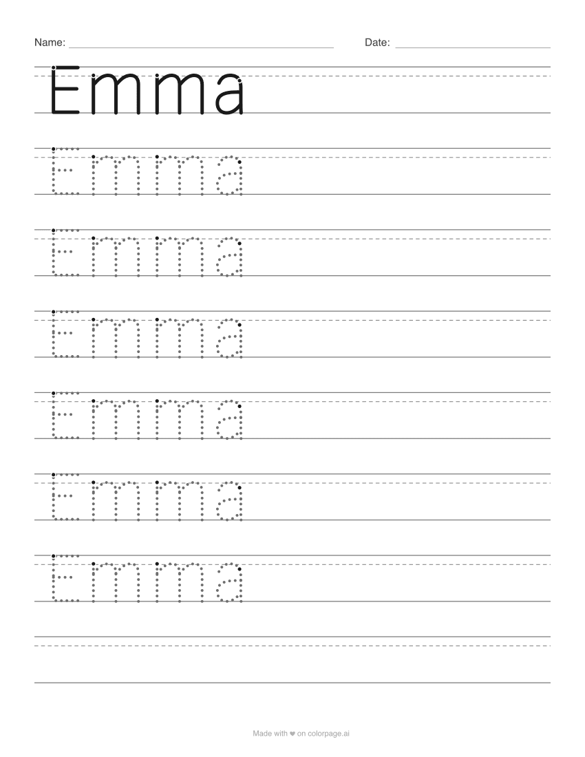 Name tracing worksheet for the name Emma with dotted letters and handwriting lines