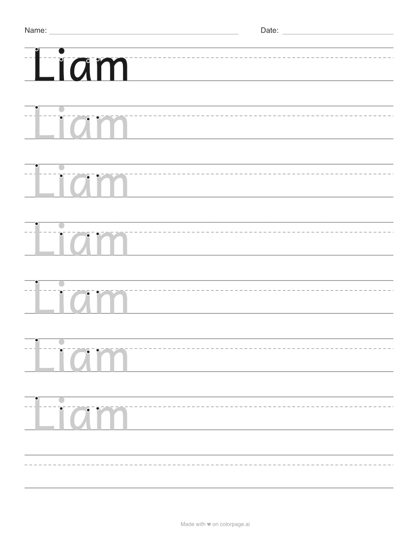 Name tracing worksheet for the name Liam with grey print letters to trace over