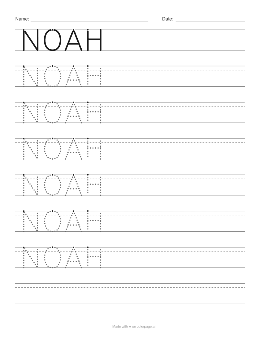 Name tracing worksheet for the name NOAH in dotted capital letters