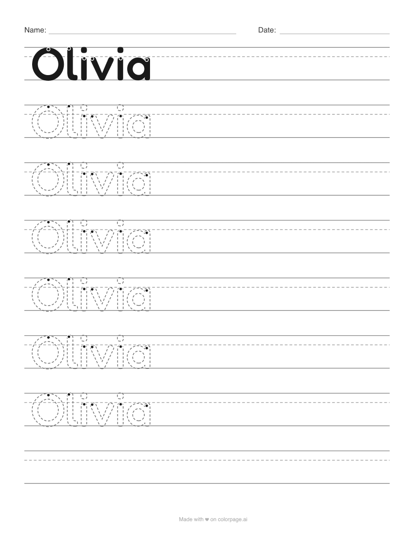 Name tracing worksheet for the name Olivia with dashed outline letters