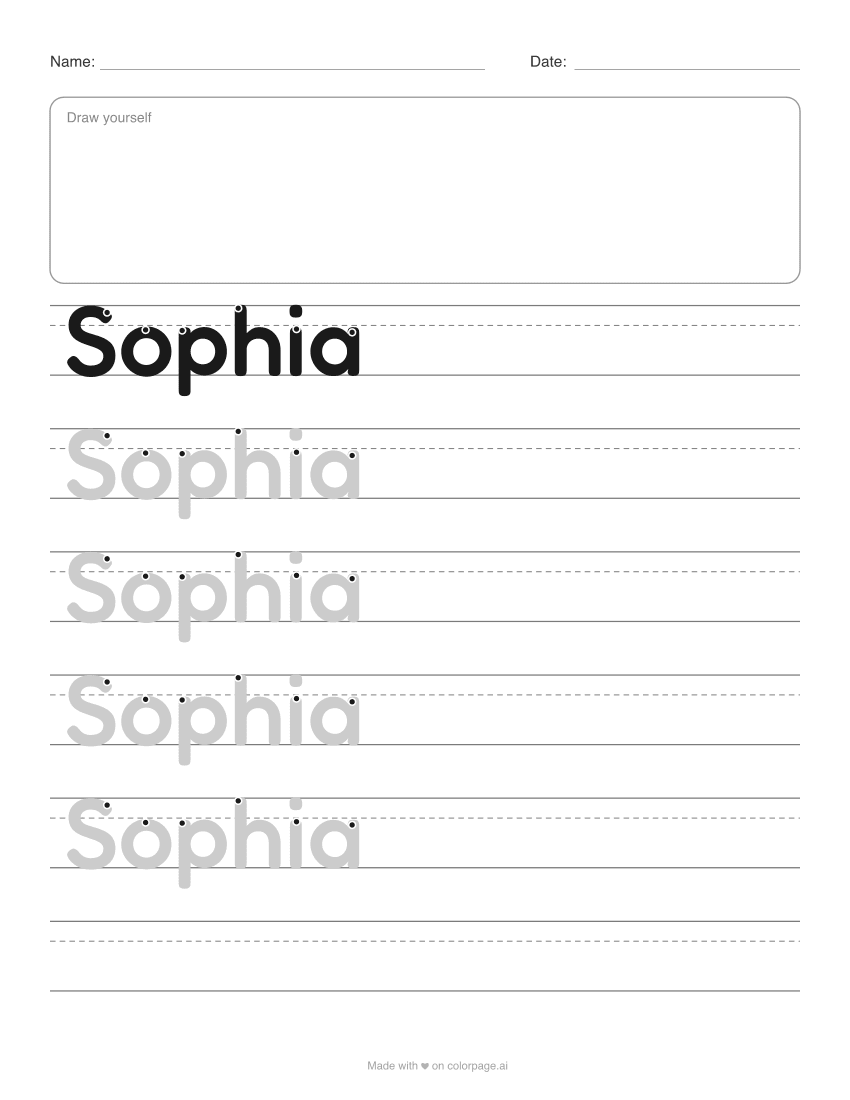 Name tracing worksheet for the name Sophia with a draw yourself box and grey rounded letters