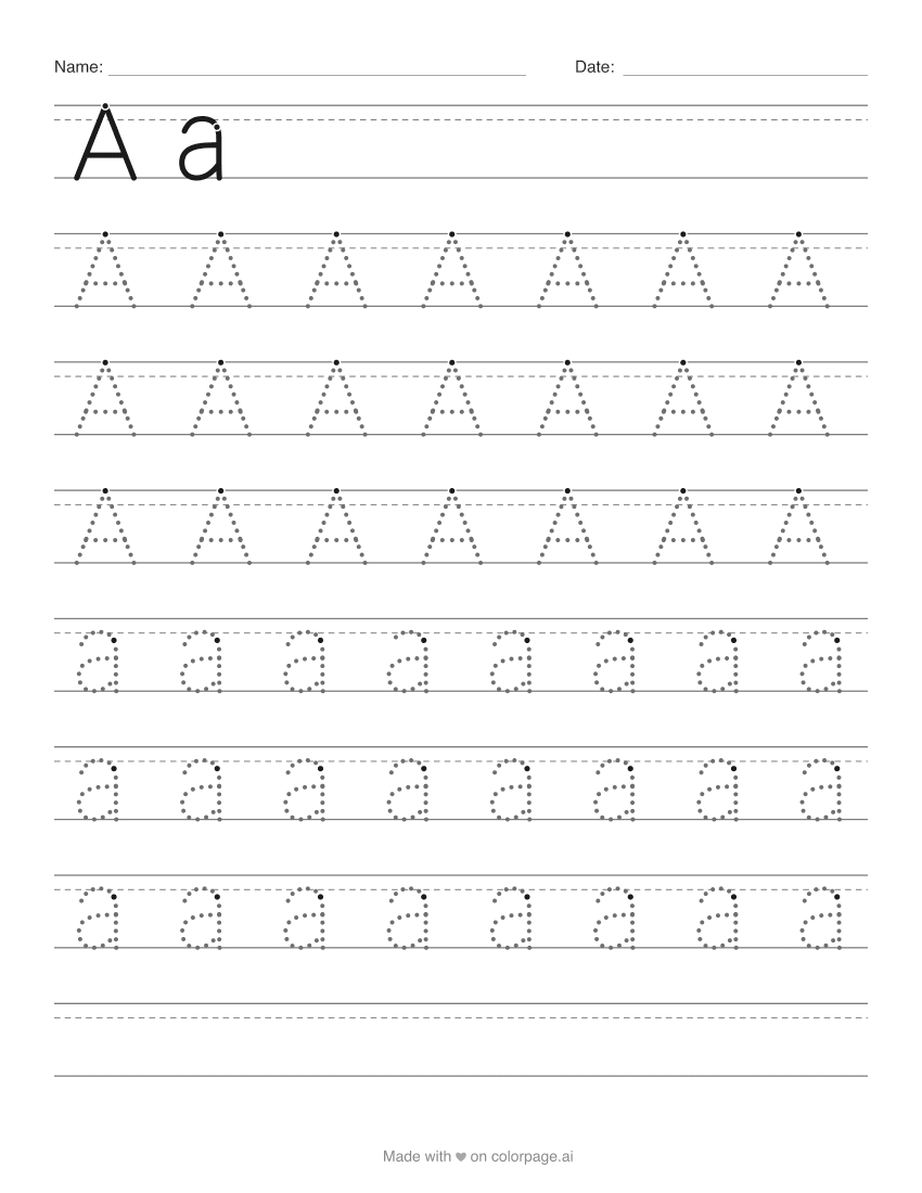 Letter A tracing worksheet with dotted capital and lowercase letters on handwriting lines