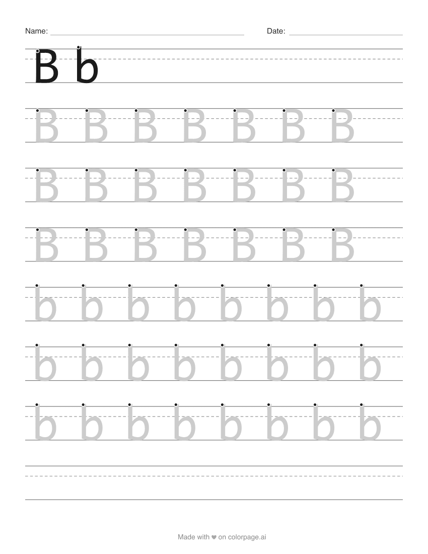 Letter B tracing worksheet with grey capital and lowercase letters to trace over
