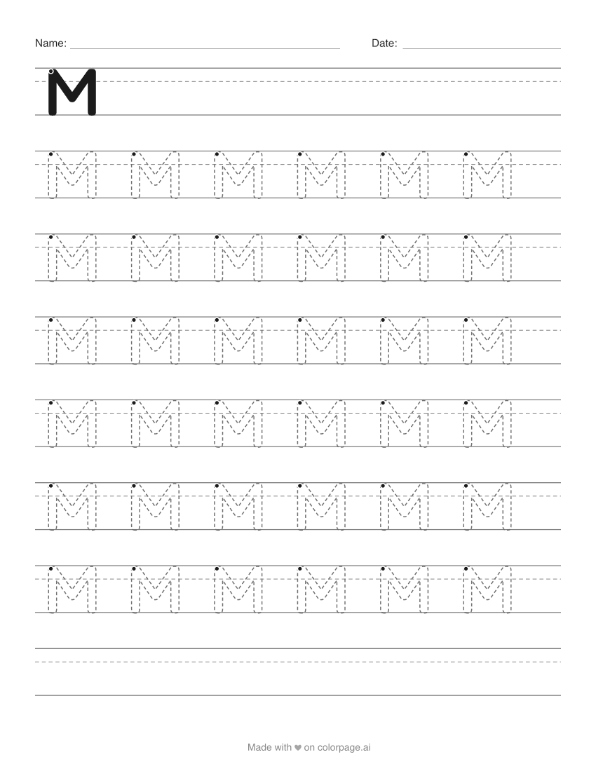 Letter M tracing worksheet with dashed outline capital letters