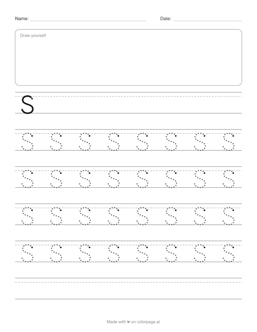 Lowercase letter s tracing worksheet with dotted letters and a draw yourself box